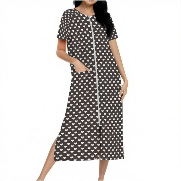Women Zip Front Nightgown Short Sleeve Plaid Sleepwear Long Lounge Dress Soft Cotton Housecoat with Pockets