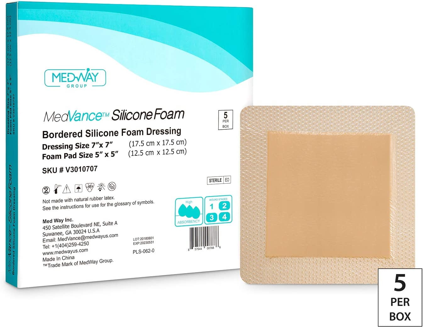 MedVanceTM Silicone - Bordered Silicone Adhesive Foam Dressing Size 7'x 7' (5'x5' Pad) Box of 5 dressings