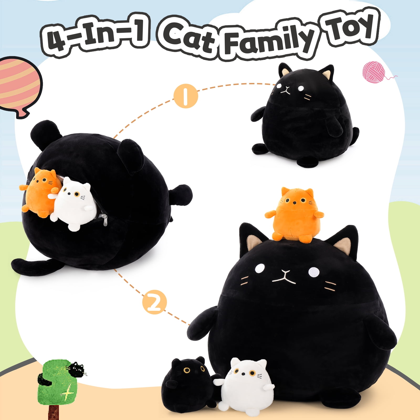 MorisMos 16" Black Fat Cat Stuffed Animal Mommy Cat with 3 Kitty Plush Toys