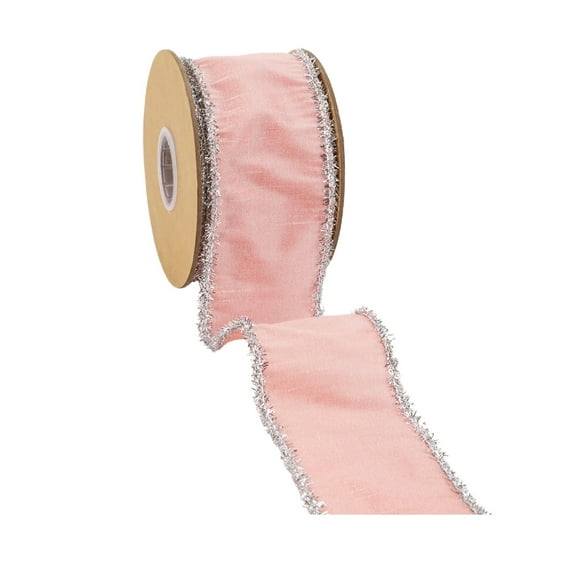LaRibbons 2 1/2" Wired Dupioni Ribbon w / Lurex Trim | Pink/Silver | 10 Yard Roll