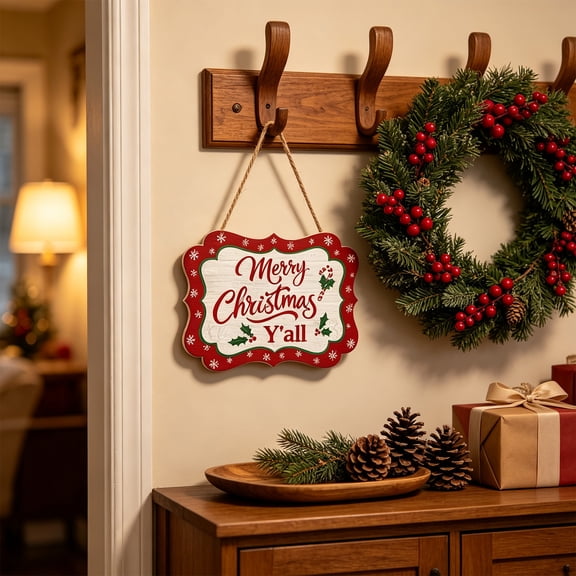 CASAVYNE Merry Christmas Wooden Hanging Sign, Rustic Wall Decor for Holiday, Farmhouse Door Plaque with Holly and Candy Cane
