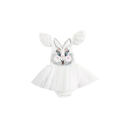 

Peyakidsaa Newborn Baby Girls Easter Romper Dress Bunny Head Embroidery Fly Sleeve Tulle Skirt Hem Bodysuit