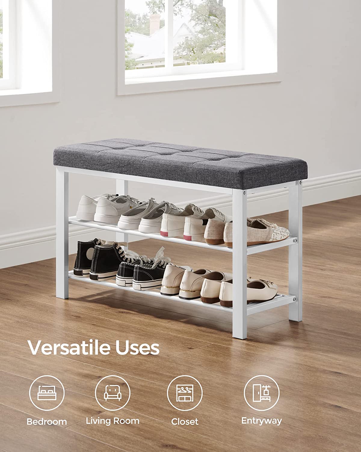Songmics Shoe Storage Bench with Cushion, White and Gray photo 2