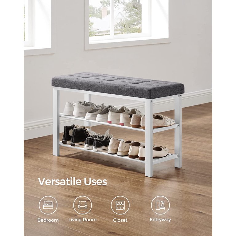SONGMICS 3-Tier Shoe Rack for Entryway Shoe Bench Storage Organizer with Foam Padded Seat Linen Metal Frame for Living Room 12.2 x 31.9 x 19.3 Inches