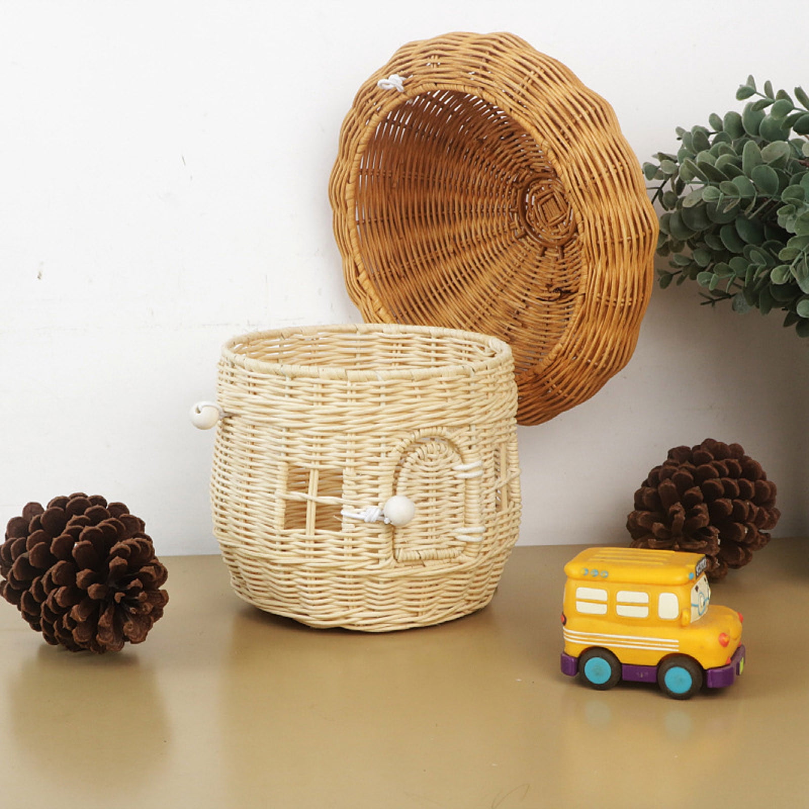 XINGXIANG Mushroom Basket with Lid,Easter Basket for Kids, Mushroom Storage Basket,Handmade Rattan Basket,Portable Picnic Basket,Woven Shelf Organizer for Doll House,Home Decoration(Square)