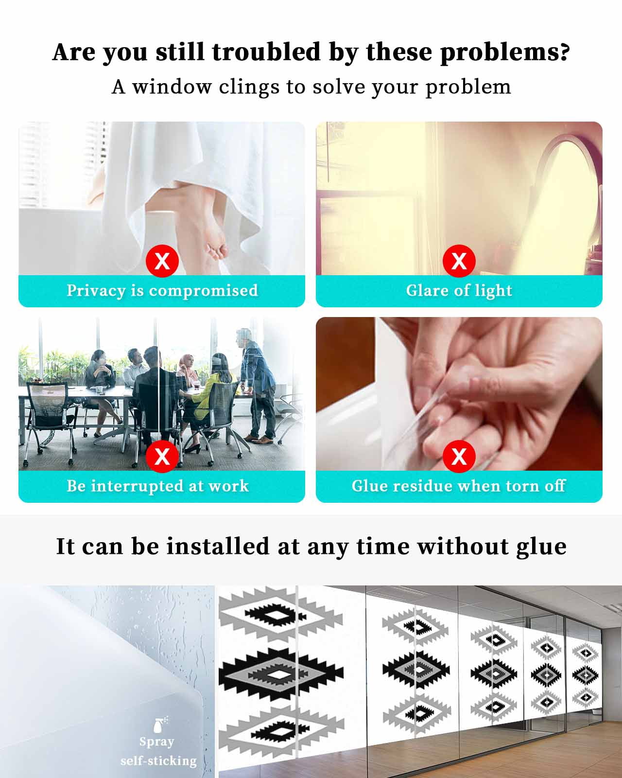 Window Privacy Film, Black White Boho Aztec UV Sun Blocking Window Tint Film Heat Control One Way Blackout Window Film, Morocco Mexican Geometric Bohemian Non Adhesive Static Cling Sticker 23.6x59 In