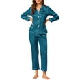thumbnail image 2 of INSPIRE CHIC Women's Satin Lounge Set Long Sleeve Button Down Shirts with Pants Silky Pajamas M Peacock Blue, 2 of 6