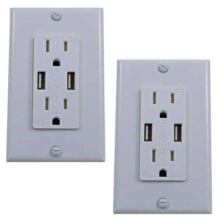Dual USB 5V 4.2A In Wall Chargers & 15A Dual Power Outlet Socket White UL