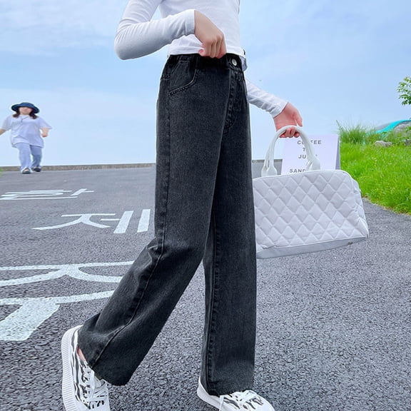 GiLiling Cargo Pocket Baggy Jeans for Boys and Girls, Wide Leg Vintage Wash Denim Pants, Elastic High Waist Y2K Street Style (Black, 15-16 Years)