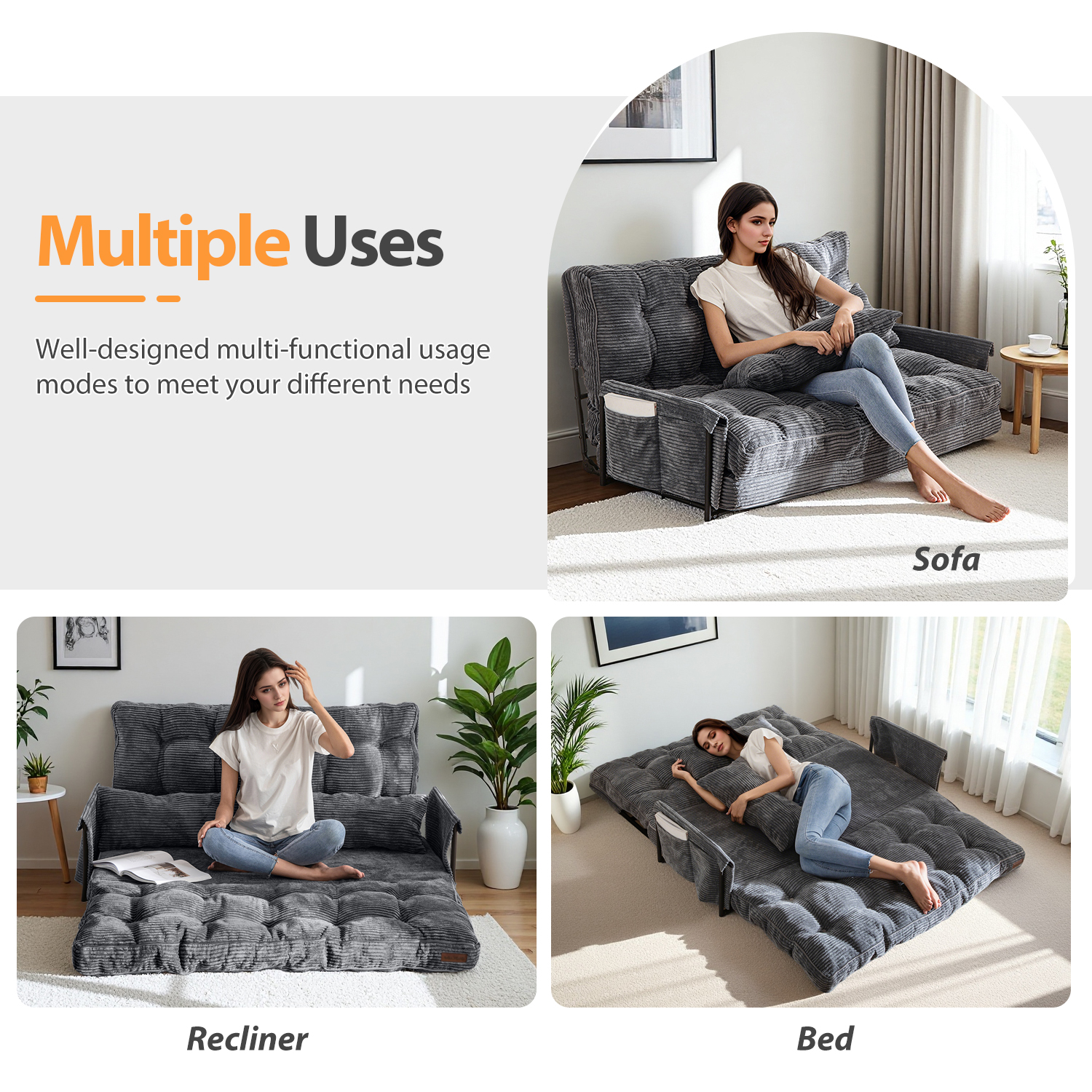 GOODONE Convertible Floor Sofa,Bean Bag Sofa with Pillows,Multifunctional Lazy Sofa with Pillows,Adult Reading Chair,Suitable for Bedroom or Living Room,DGrey,Loveseat