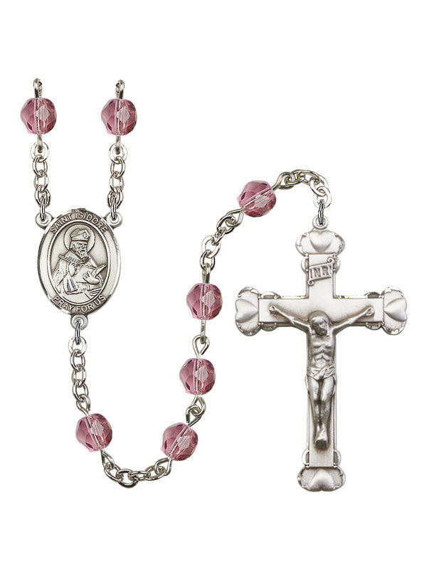 18-Inch Rhodium Plated Necklace with 4mm Faux-Pearl Beads and Sterling Silver Saint Isidore of Seville Charm.