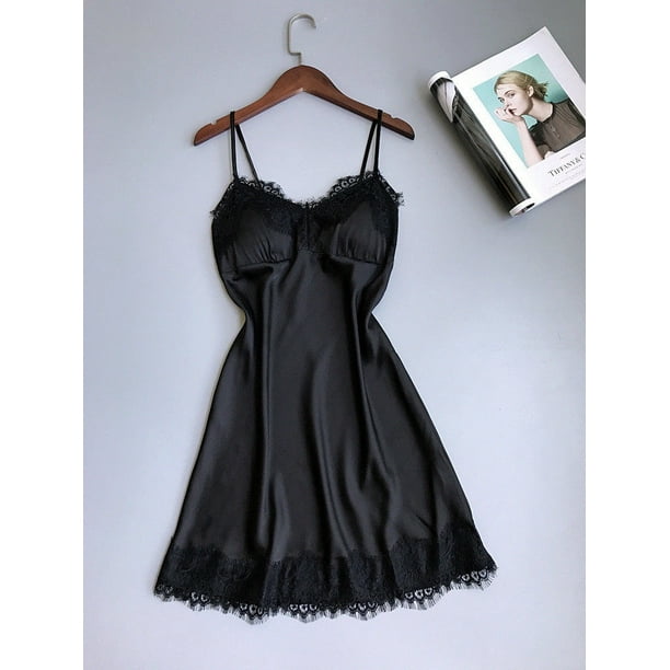 Women's Sleepwear Sexy Silky Black Lace-Trim Slip Sleep Dress Lingerie  Pajamas