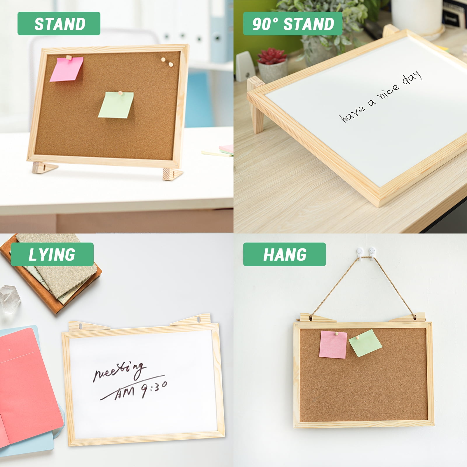 SHOOFFICE Cork Board White Board Combo, 16" x 12" Magnetic Corkboard for Desktop and Wall, Wooden Frame