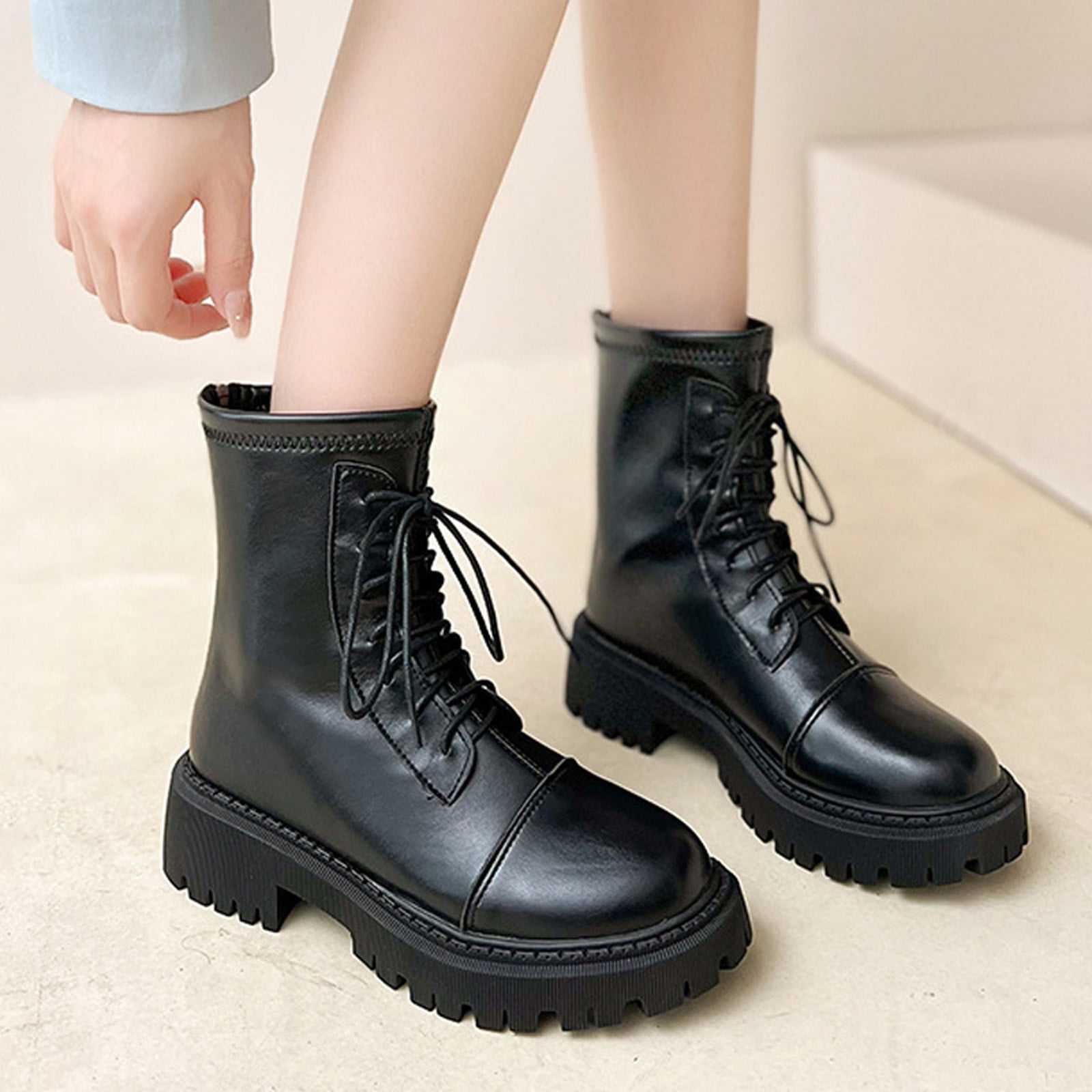 Cathalem Boots Women 8 Fashion Women's Shoes British Style Leather Lace Up  Back Zipper Solid Casual Boots Lace up Boots for Women Black 6