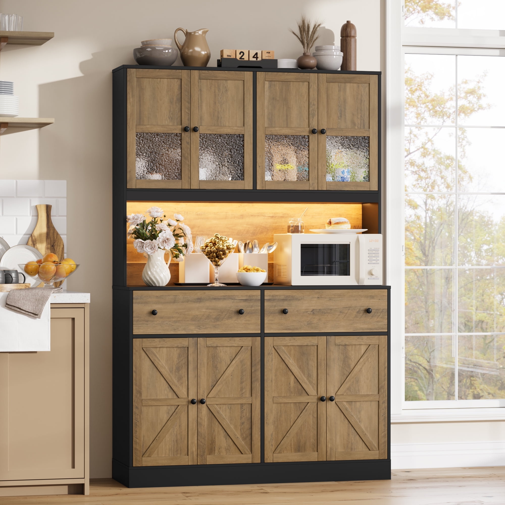 Homfa 71" Tall Kitchen Pantry Cabinet with LED Lights & Charging Station, MDF Freestanding Storage Cupboard with 8 Doors 2 Drawers, Buffet Cabinet with Storage for Dining Living Room, Black & Oak