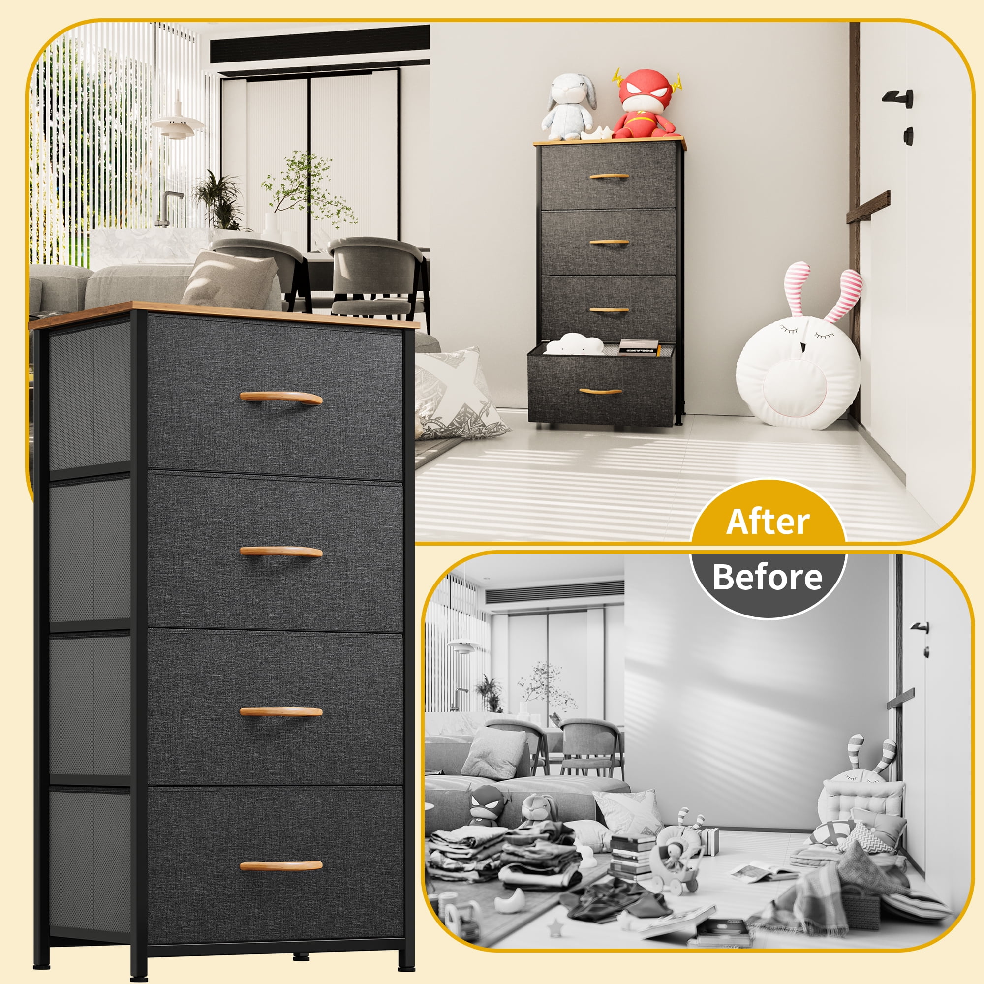 DEXTRUS 4-Drawer Fabric Dresser for Adults & Teens, Bedside Chest Organizer for Bedroom, Gray