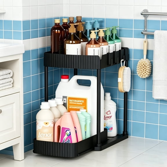 Multi-Purpose Pull-Out Storage Organizers, Under Sink/Cabinet Organizers and Storage for Bathroom & Kitchen, Black, 12.8 Inches, 1 Packs