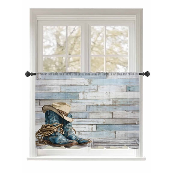 Sheer Curtains 45 Inch Length, Western Cowboy Boots Semi Sheer Curtains Light Filtering Window Treatment, Vintage Country Blue Wooden Privacy Voile Drapes for Living Room Bedroom 52x45 Inch
