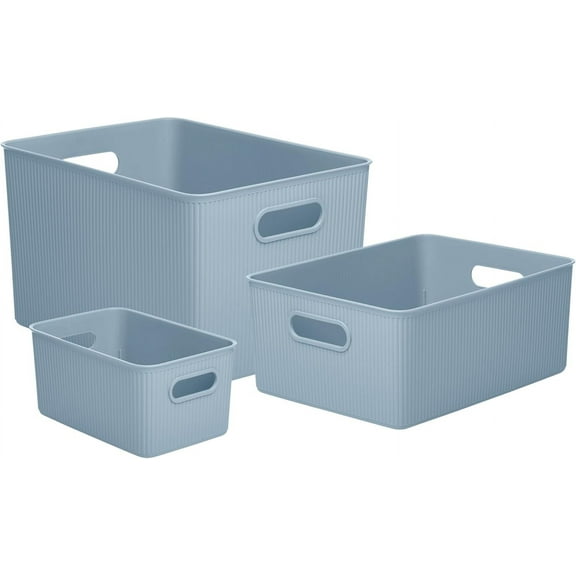 Superio Stone Blue Ribbed Storage Bin with Lid, Plastic (22L, 15L, 5L) -Set of 1