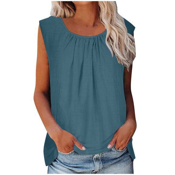 lcziwo Summer Womens Casual Tank Top Ruched Sleeveless Cotton Linen Tunic Top Round Neck Ladies Comfy Soft Loose Fit Vest Shirt,Navy,XXL
