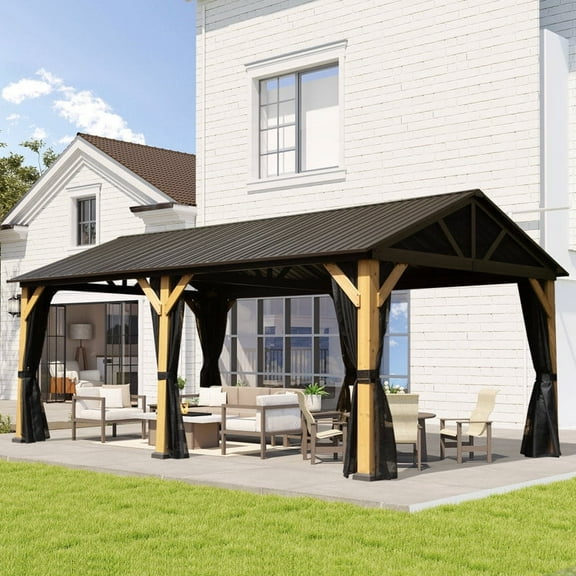 Domi 12'x20' Cedar Wood Gazebo with Double Roof Steel Hardtop,Solid Wood Frame Gazebo,Curtains and Netting Included for Garden, Backyard