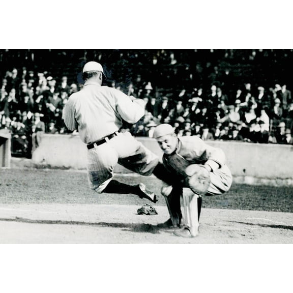 24x36 gallery poster, Ty Cobb sliding spikes-high into St. Louis Browns catcher Paul Krichell