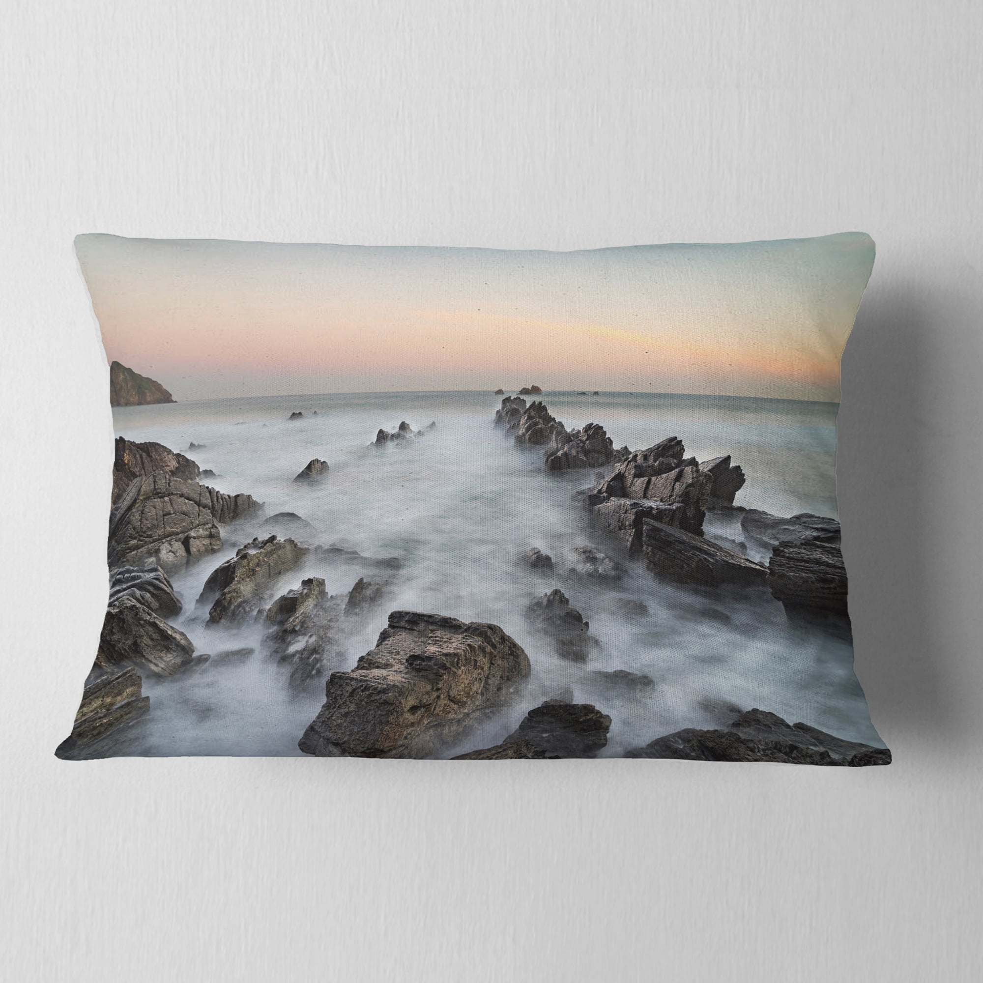 Designart Rocky Beach with White Waters - Modern Seashore Throw Pillow - 12x20