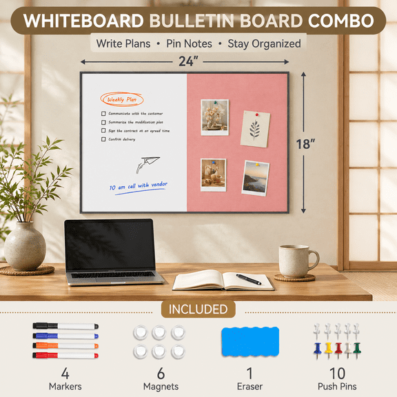 Black pink 24"W x 18"H Dry Erase Linen Cork Combo Whiteboard