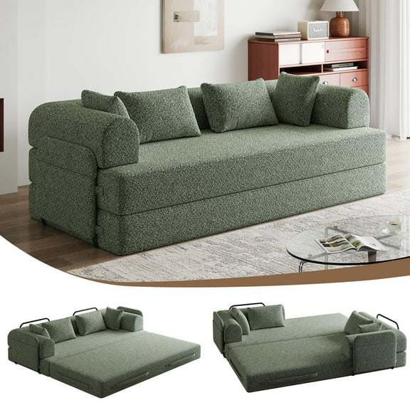 Lovableguy Modern Convertible Floor Sofa Bed,Chenille Folding Boneless Couch Bed with Side Pocket & 4 Pillows,Compressed Cloud Sleeper Sofa Bed for Living Room Guest Room,Green