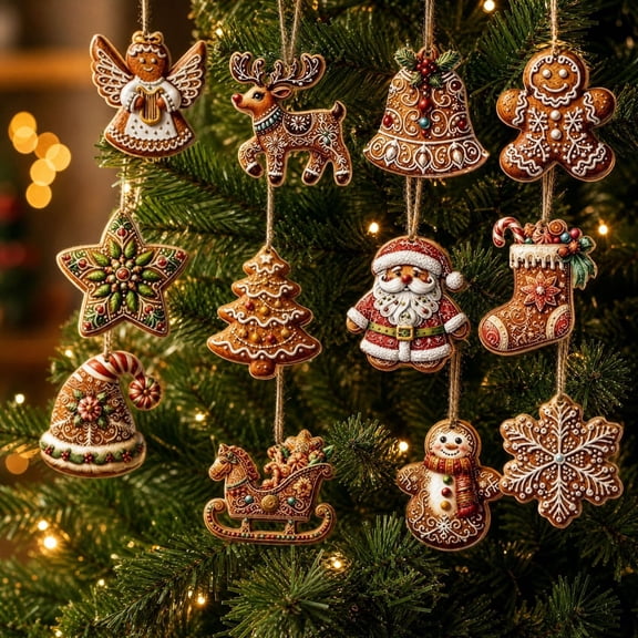 syligr 12 Pcs Christmas Gingerbread Ornaments Set for Tree, Gingerbread Hanging Decor, Wooden Holiday Ornaments for Mantel Window Doorway, Christmas Tree Decorations, Holiday Party Decor Gift
