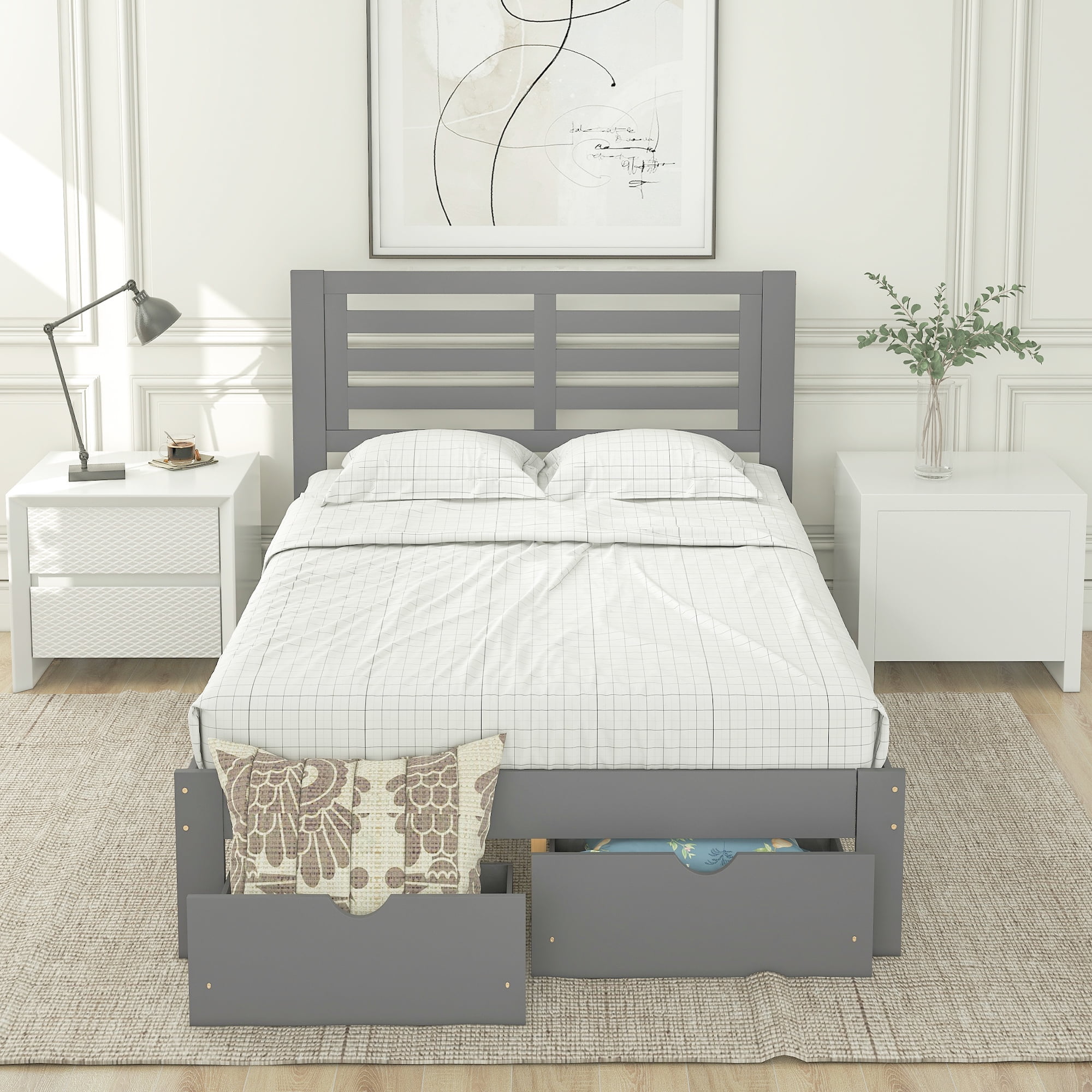 Lowestbest Wooden Full Platform Bed with Drawer, Modern Bedroom Furniture in Gray Lowestbest Wooden Full Platform Bed with Drawer, Modern Bedroom Furniture in Gray
