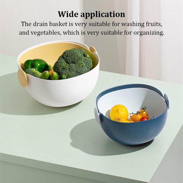 Double Drain Basket Plastic Fruits Washing Strainer Container Hotel Cafe Kitchen Draining Colander with Handle Reusable White Yellow