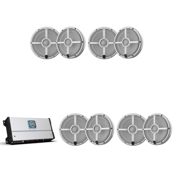 Wet Sounds HTM-8 - HTM Series 1200 Watt Full-Range Class-D 85x8 Watts RMS @4 OHM With 4 pairs Wet Sounds RECON 6 XW-W Recon Series 6.5" 60-Watt RMS Coaxial Speakers With White XW Grilles (Pair)