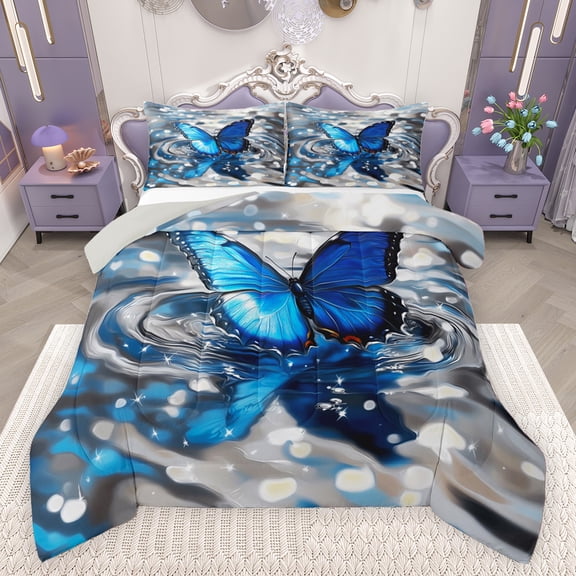 Castle Fairy Kids Teens Adults Flying Blue Butterfly Bedding Comforter Set 2pcs,Sparkling Waves Twin Comforter Sets Microfiber,Dreamy Princess Breathable Bedding Set,Lightweight Room Decor