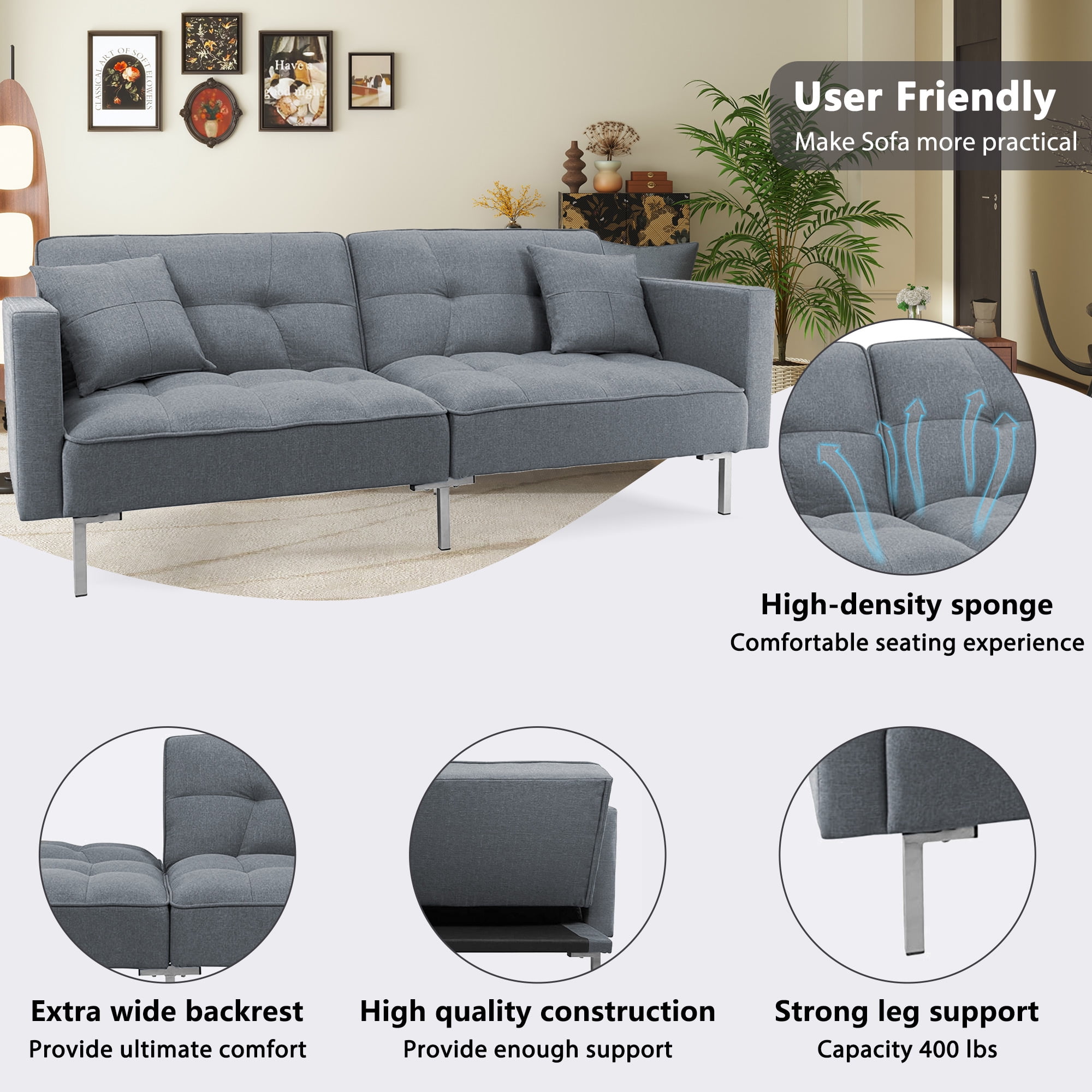 Aukfa 76" Futon Convertible Sofa Bed, Arm Couch for Home Office, 2 Pillows, Linen, Gray