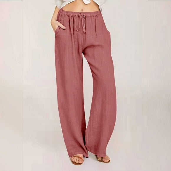 LOVZFMLL Women's Pants, Casual Cotton Linen Drawstring Elastic Waist Long Wide Leg Pants Pink, L