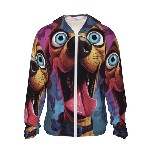 Balery Cartoon Big-Eyed Dog Sudadera ligera de manga larga con capucha y protección solar UPF 50+ para hombre y mujer, ideal para pesca y running-Medium