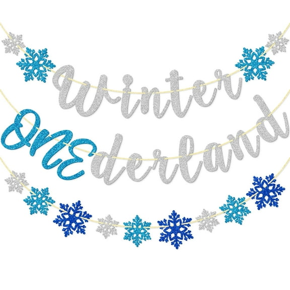 Winter Onederland Banner, Winter Onederland 1st Birthday Decor, Glitter Snowflake 1st Birthday Banner for Boy, Winter First Birthday Party Decorations, (Blue Silver)