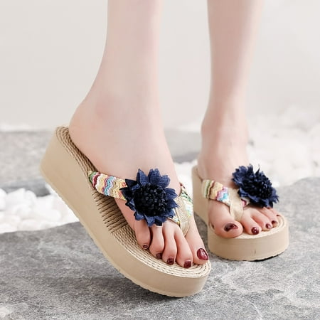 

Women Weave Beach Breathable Sandals Home Slipper Flower Flip-Flops Wedges Shoes