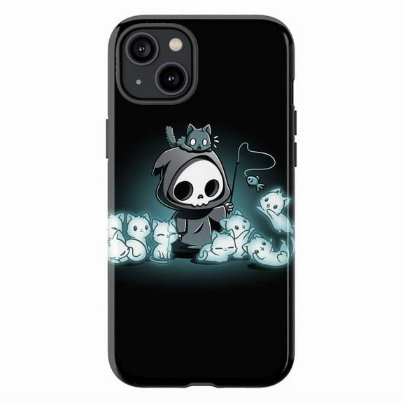 Cute Grim Reaper Cat Phone Case, Spooky Ghost Kitten Design, Halloween Aesthetic Protective Phone Cover for iPhone 16 15 14 13 12 11 Pro Max Mini Plus