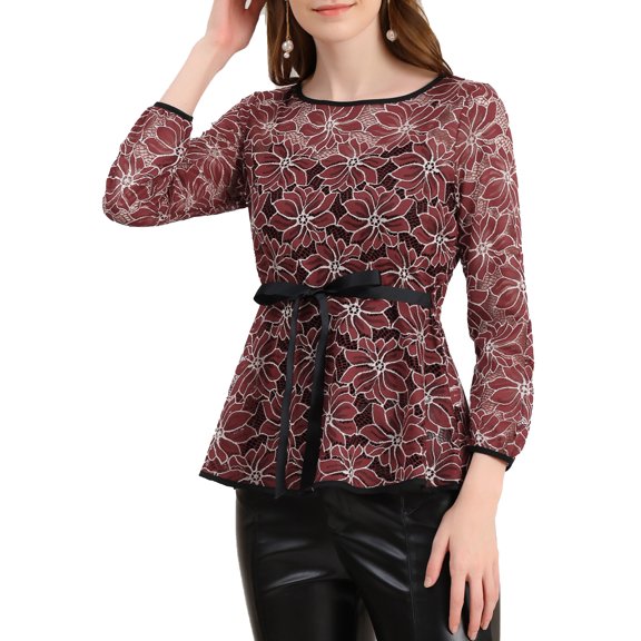 Unique Bargains Women's Self-Tie Waist Long Sleeve Semi Sheer Peplum Top M Wine