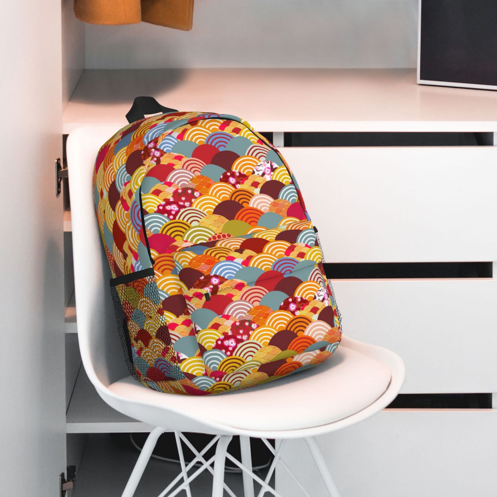 Rateoe Japanese Style Fish Scales Pattern Student Backpack Water-resistant Backpack 15-inch Laptop Backpack Lightweight Adjustable School Backpack