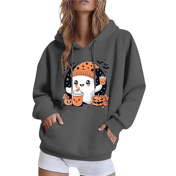 QINGFSAP Womens Spooky Halloween Hoodie Drawstring Long Sleeve Pullover Top Kangaroo Pocket Gothic Ghost Print Loose