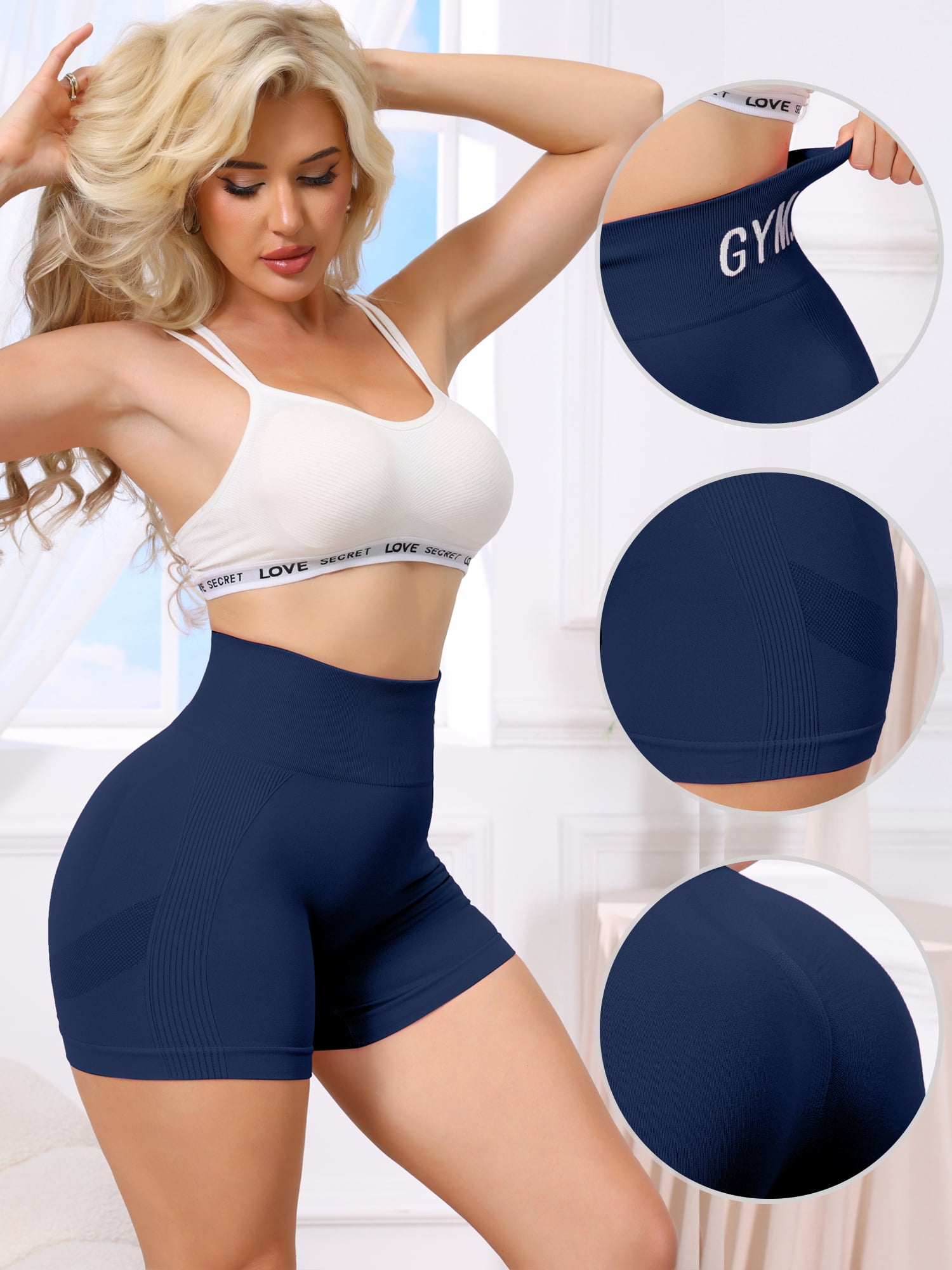 DARING DIVA Women's Letter Print High Waisted Workout Yoga Shorts L Navy Blue