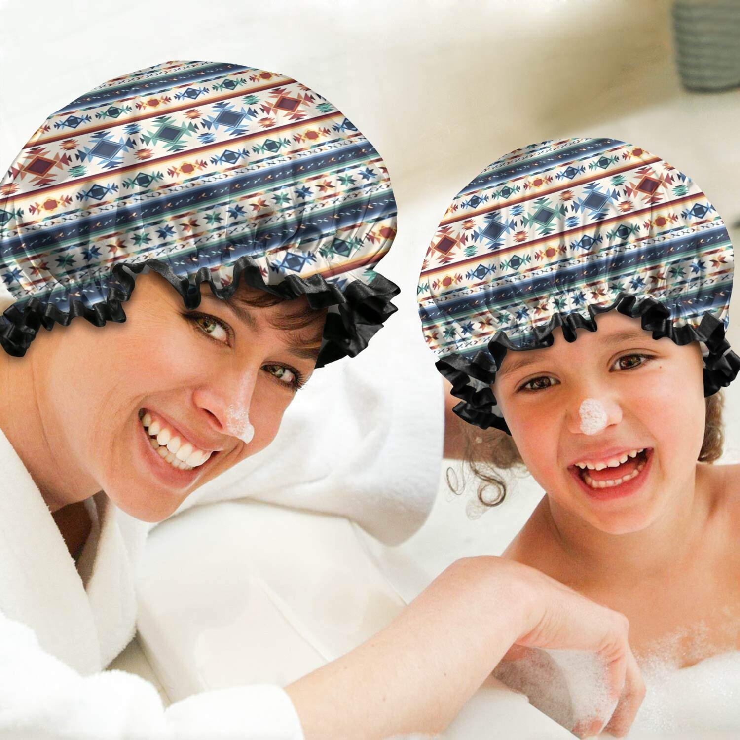 Shower Caps,Blue and Orange Geometric Boho Pattern Waterproof Shower Cap for Women 4 Pieces,Double Reusable Hair Cover for Shower PEVA Elastic Stretch Hem
