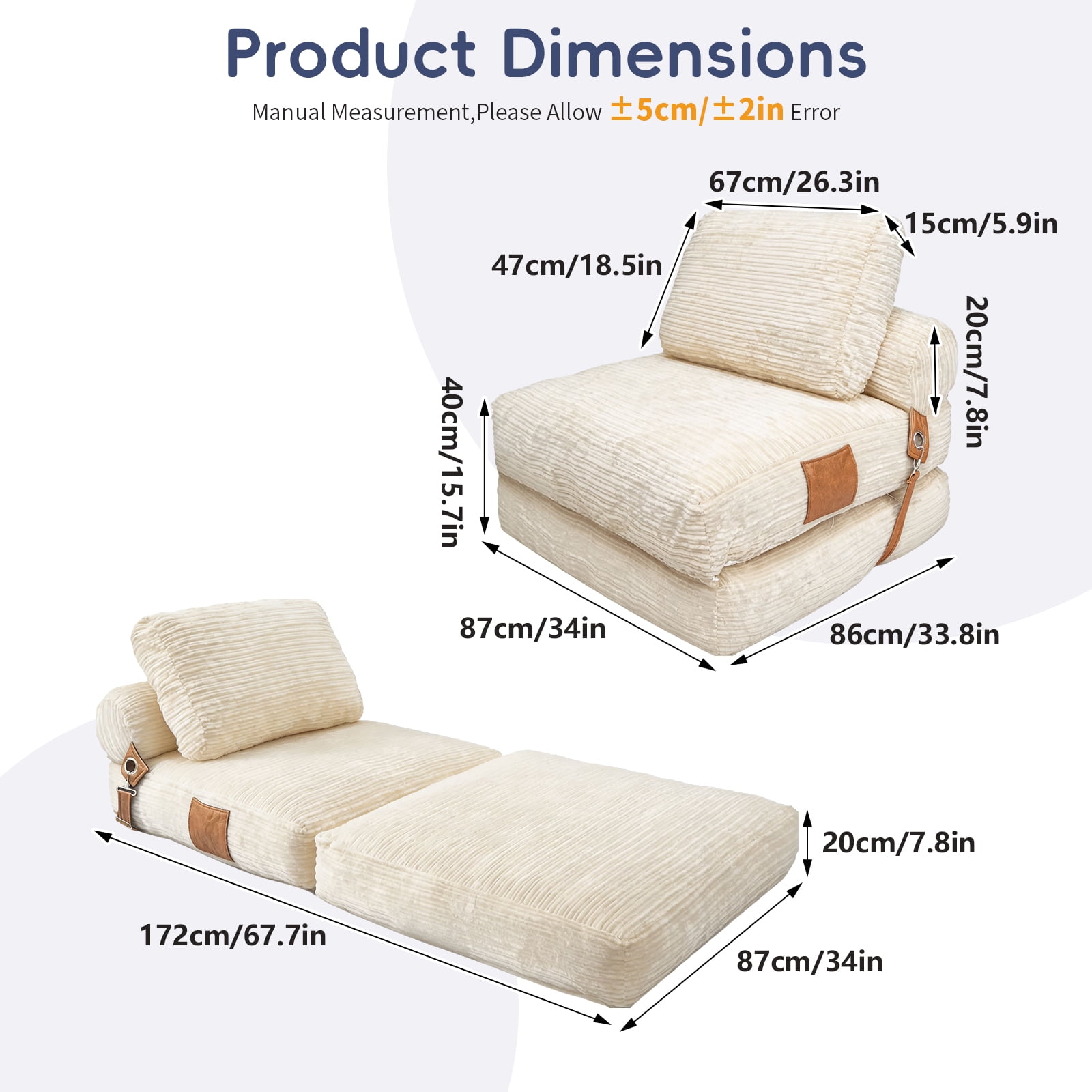 Leumius Folding Sofa Bed,Convertible Chair Bed with Pillow and Back Support,Portable Fold Out Couch Floor Sofa for Living Room Bedroom,White