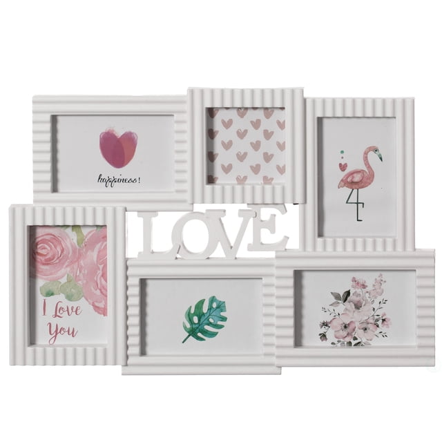 Cadre Photo Mural Décoratif Moderne pour Collage de 6 Photos, Design Texte Amour, Blanc