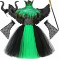 thumbnail image 4 of Disfraz de bruja de Halloween para niñas, reina malvada, Malefice, disfraz de cosplay, vestido con tutú, capa de plumas, disfraz de carnaval para niños, 4 of 5
