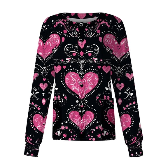 Scrub Jacket for Women Valentine's Day Long Sleeve Snap Front Valentine Love Heart Printed Jacket Working Uniforms with Pockets 2026