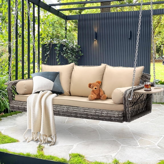Outdoor Wicker Patio Porch Swing - 3 Person Swing Outdoor Hanging Porch Swing Seat Bench with Chains for Yard, Deck, Garden (Grey Rattan Khaki Cushion)